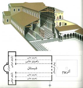 نقشه کف و نمای مقطعی بازسازی شده از کلیسای قدیم سان پی‌یترو، رم، ایتالیا شروع ساخت حدود 319م