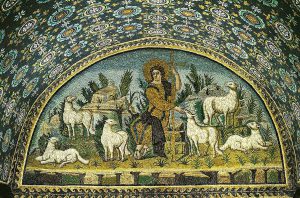 مسیح شبان نیکو، موزاییک متعلق به دیوار آرامگاه گالاپلاچیدیا، راونا، رم، ایتالیا، 425م.